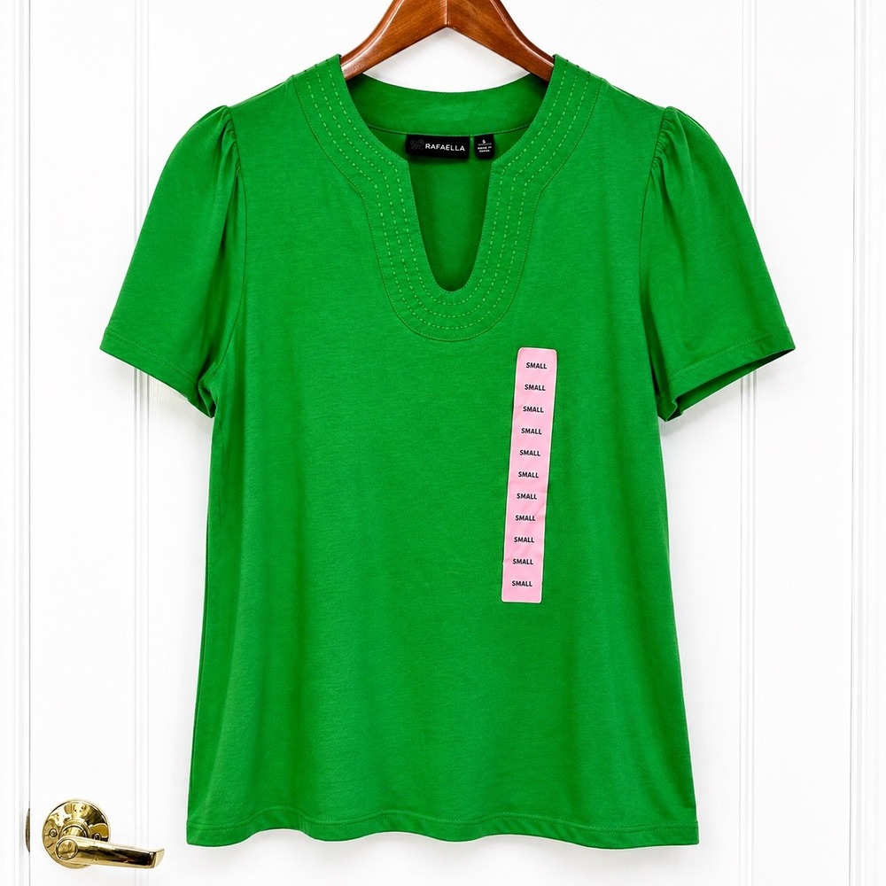 Rafaella Womens Green Split Neck Short Sleeve Cotton Knit Top RSKSE001 Small